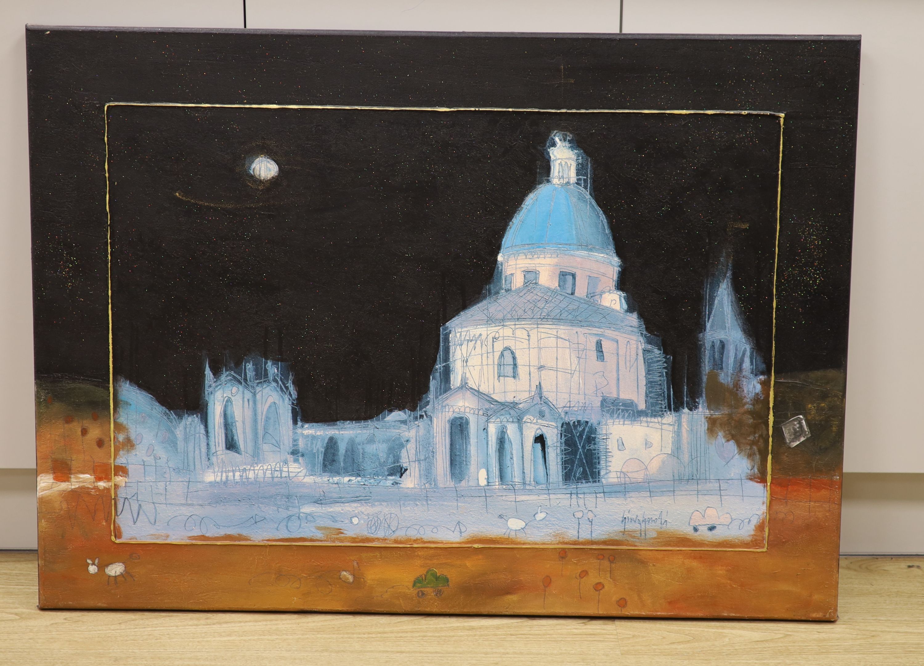 Spanish School, oil on canvas, Moonlit temple scene, 109 x 80cm